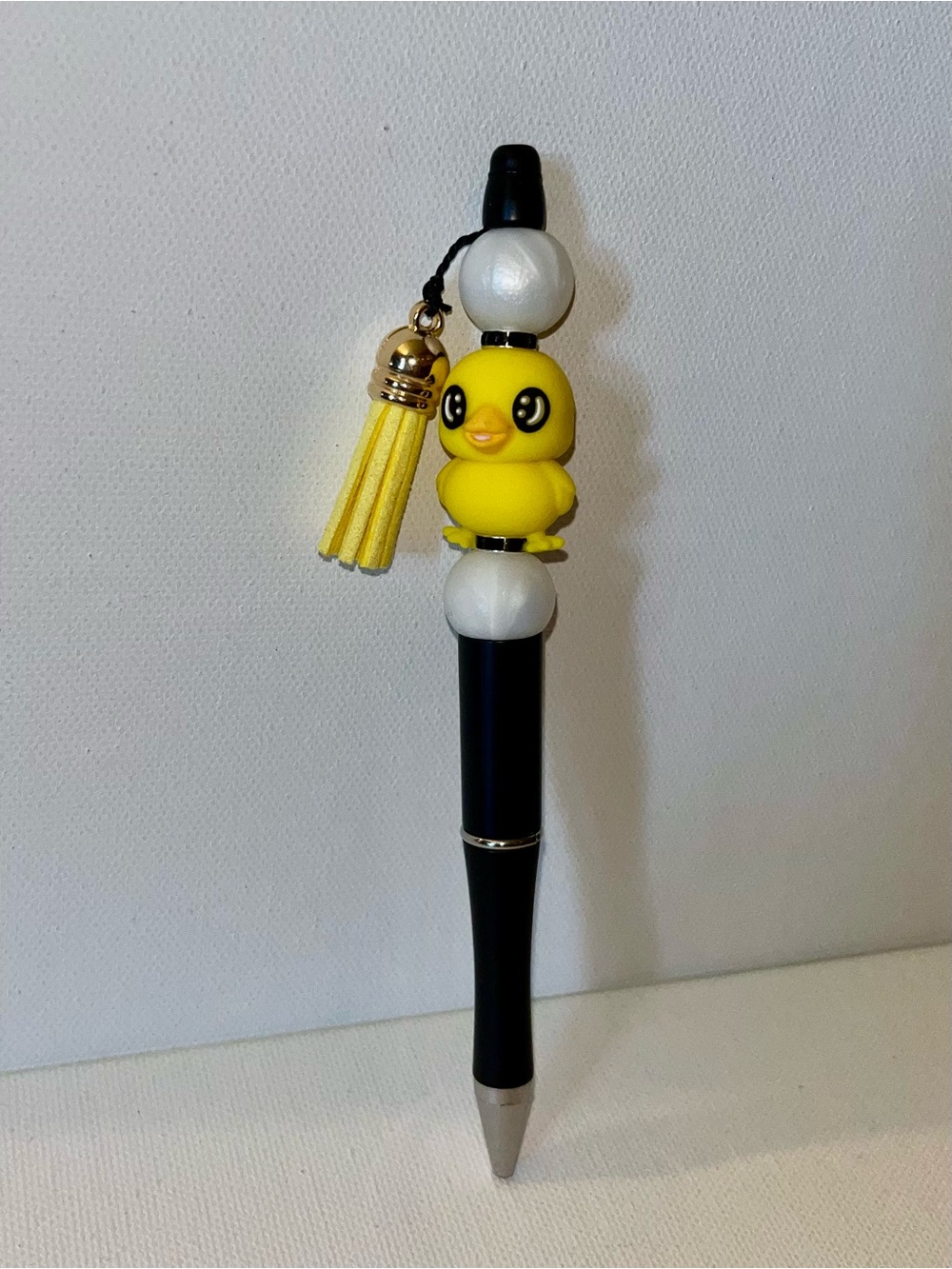 Yellow Chick Charm Ballpoint Pen w/Pearly White, Rhinestone & Tassel Accents
